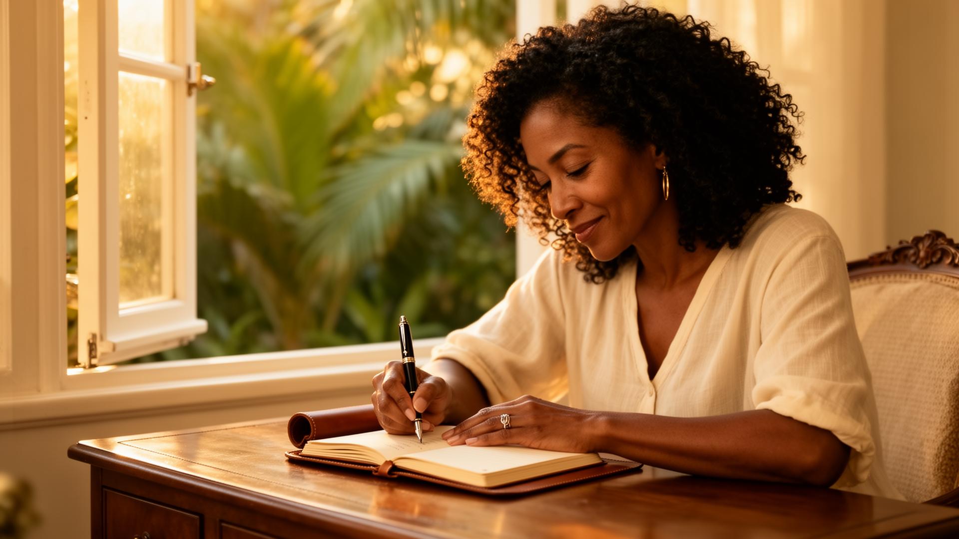 A Black woman writer journaling at a sunlit desk